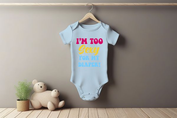 White baby short sleeve bodysuit mockup in minimal interior. Bla Too Sexy for My Diaper Grower Short Sleeve
