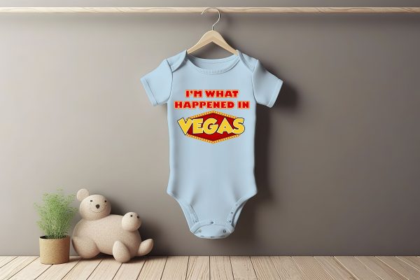 White baby short sleeve bodysuit mockup in minimal interior. Bla I'm What Happened Baby Grower Short Sleeve