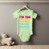 White baby short sleeve bodysuit mockup in minimal interior. Bla Too Sexy for My Diaper Grower Short Sleeve