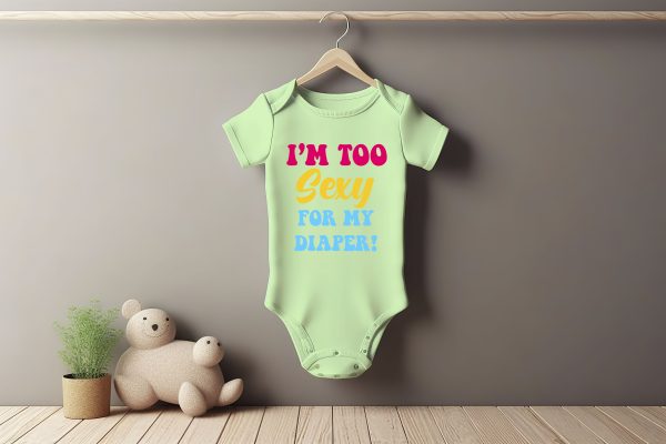 White baby short sleeve bodysuit mockup in minimal interior. Bla Too Sexy for My Diaper Grower Short Sleeve
