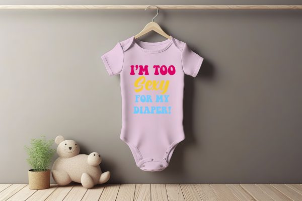 White baby short sleeve bodysuit mockup in minimal interior. Bla Too Sexy for My Diaper Grower Short Sleeve