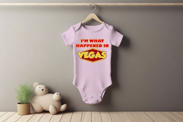 White baby short sleeve bodysuit mockup in minimal interior. Bla I'm What Happened Baby Grower Short Sleeve