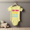 White baby short sleeve bodysuit mockup in minimal interior. Bla Too Sexy for My Diaper Grower Short Sleeve