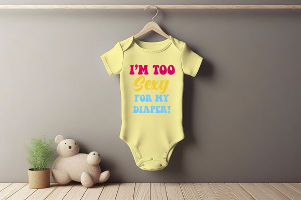 White baby short sleeve bodysuit mockup in minimal interior. Bla Too Sexy for My Diaper Grower Short Sleeve
