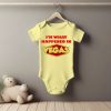 White baby short sleeve bodysuit mockup in minimal interior. Bla I'm What Happened Baby Grower Short Sleeve
