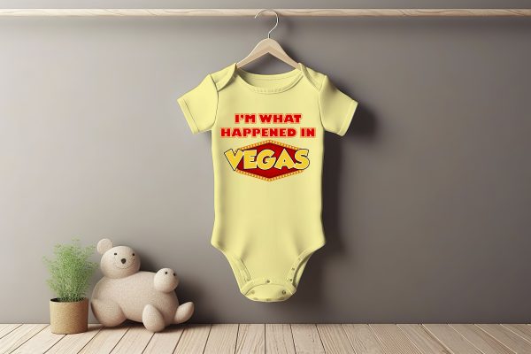 White baby short sleeve bodysuit mockup in minimal interior. Bla I'm What Happened Baby Grower Short Sleeve
